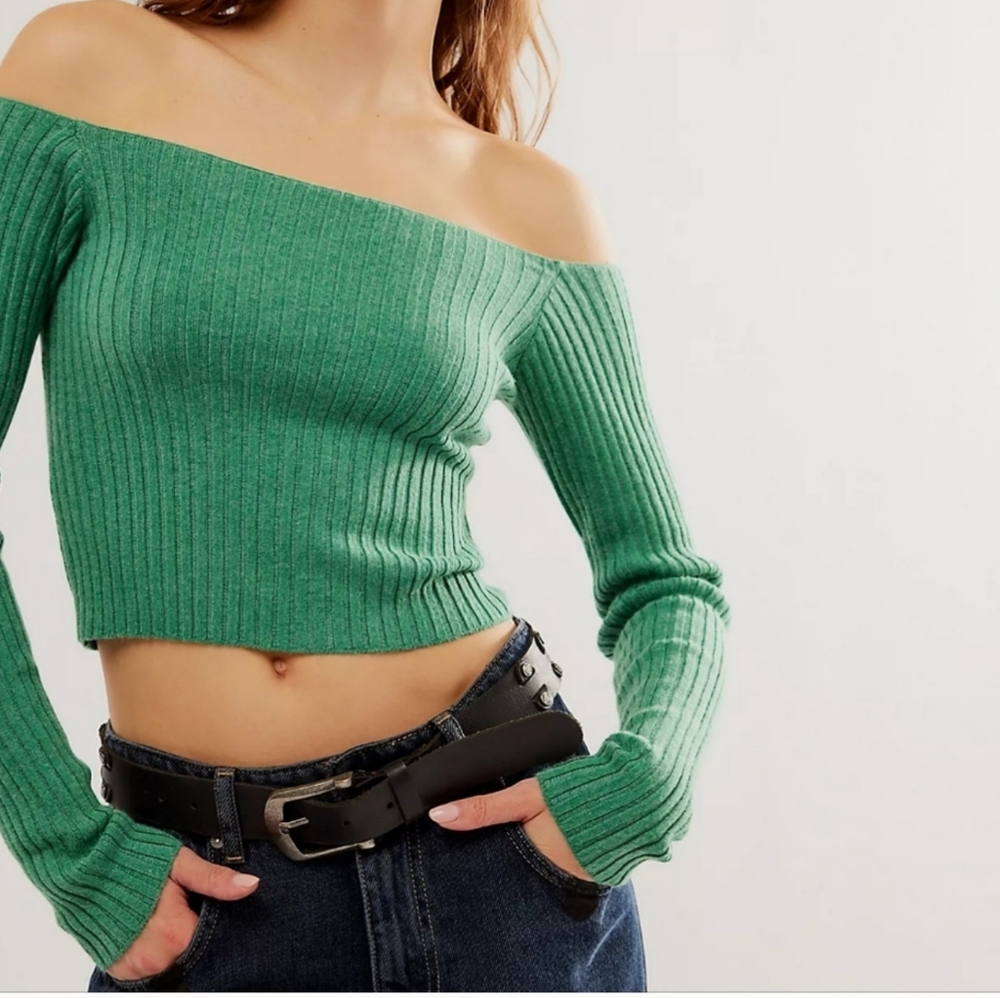 Free People Madeline Off The Shoulder Green Ribbed Knit Sweater Large L